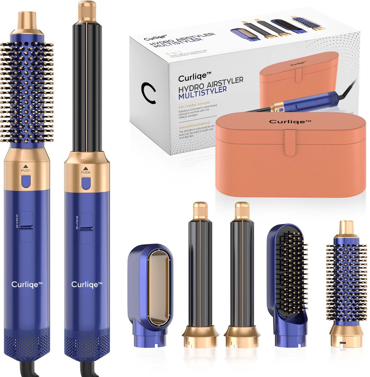 Curliqe™ Föhnborstel - Airstyler - Krulborstel - Krultangen - 5 in 1 Multistyler - Met Opbergcase - Blauw
