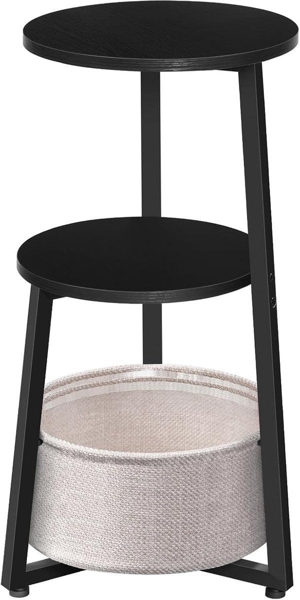 Home & Beyond® Ronde Bijzettafel met 3 Lagen en Stoffen Mand - Nachtkastje, Salontafel en Plantentafel - Zwart - 32 x 32 x 68 cm