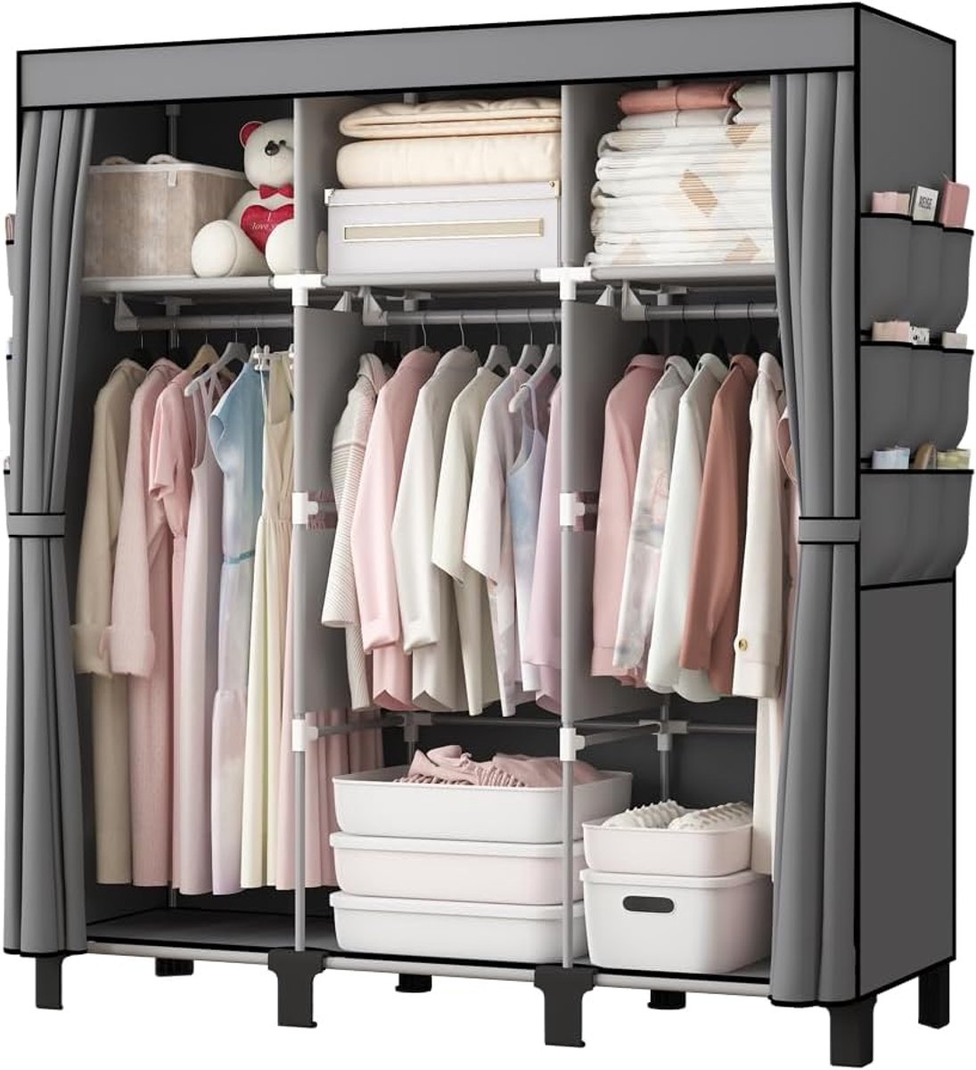 Home & Beyond® Opvouwbare Stoffen Kledingkast met Hoes en Planken - 3 Hanggedeeltes en 18 Zijvakken - Grijs - 130 x 45 x 170 cm