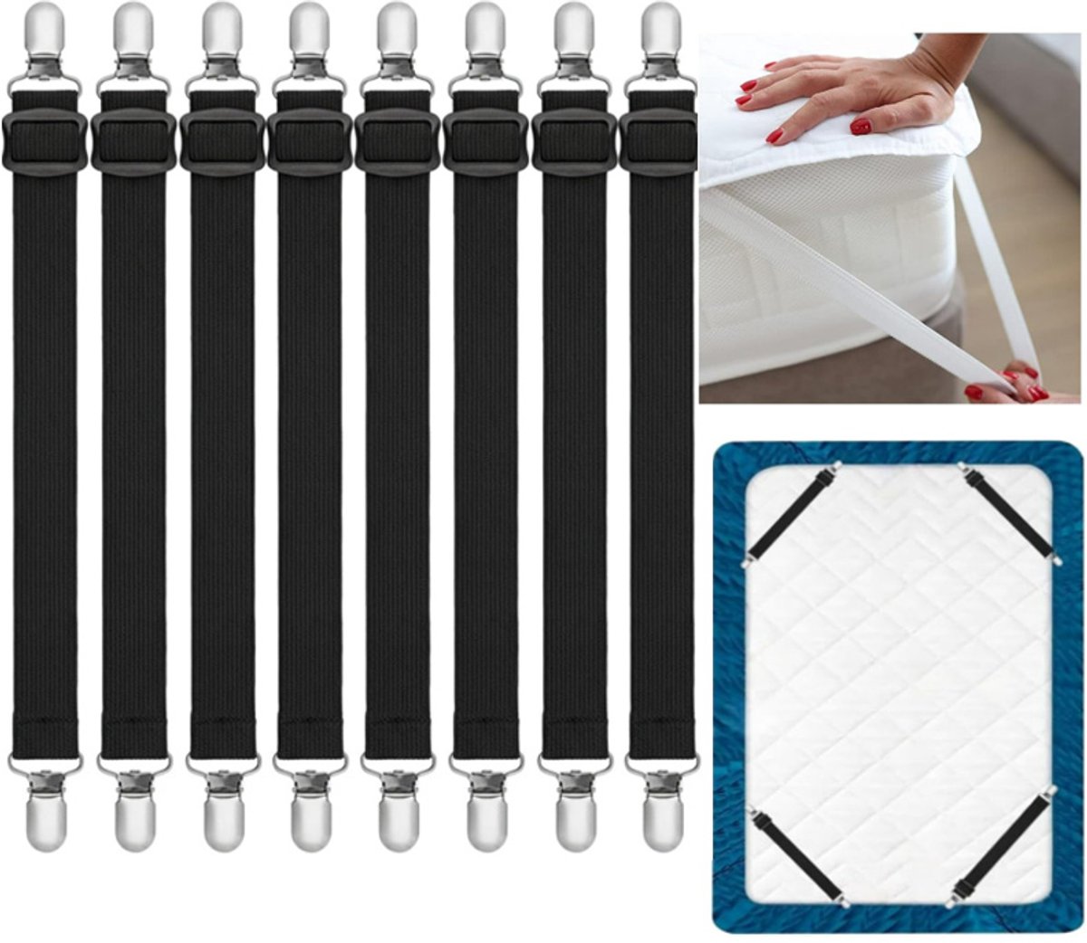 KZQ Verstelbare lakenclips met elastische band, set van 10, rekbaar van 35 tot 130 cm, met stevige metalen klemmen, geschikt voor matras, strijkplank, bank en tafelkleed-Zwart