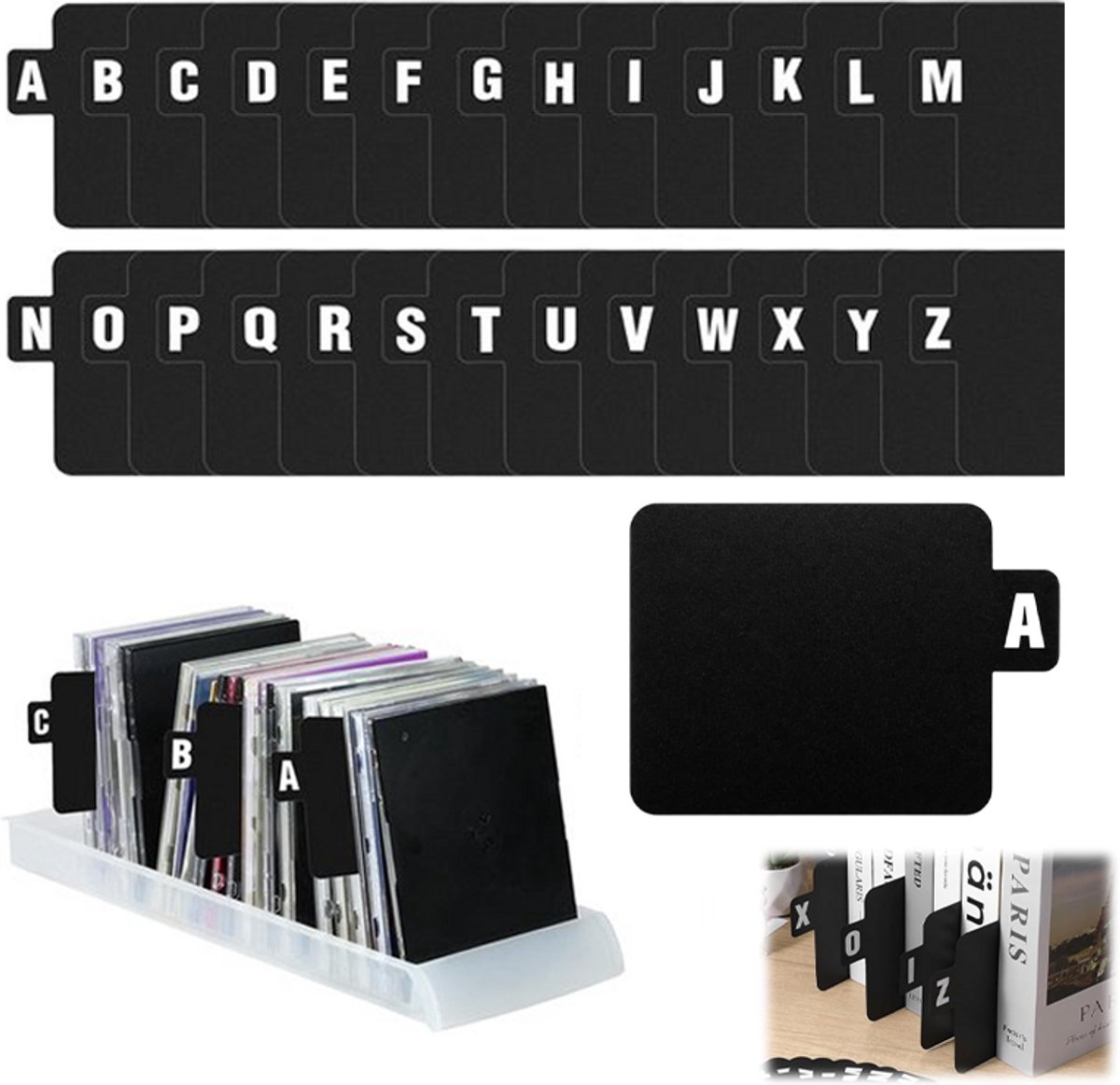 Verpakking van 26 vellen - Indexverdelers - Indexkaarten - Boekenplanketiketten - Indexlabels - 26 letters van A tot Z - Geschikt voor het ordenen en categoriseren van boeken, platen, documenten, enz. - 12*17 cm - Zwart