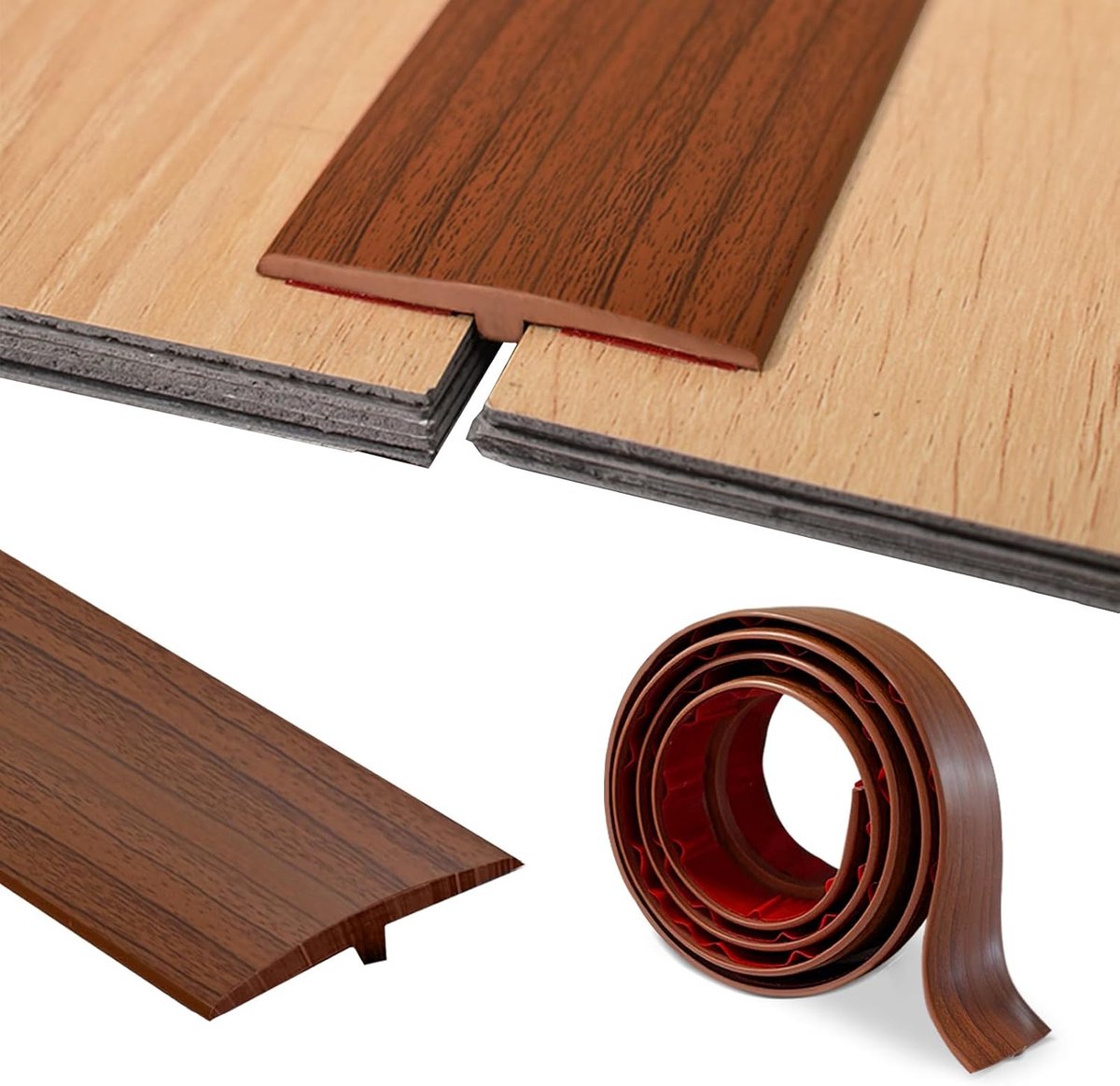 SnelShoppen - T-profiel overgangsstrip, zelfklevend, bruin houtnerf, 1 meter, vloer overgang, deur, entree, veilig, PVC materiaal