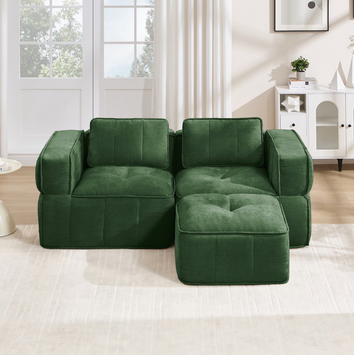 FloraGrace Hoekbank 2-Zits - Modulair L-Vormig Met Hocker - Diepe Zit, Brede Armleuningen En Antislip - Voor Woonkamer En Appartement - Polyester - Groen