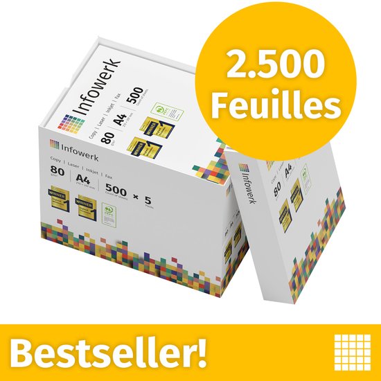 Infowerk A4 80g printerpapier in een verpakking van 2500 vellen, 5 pakken van 500. Wit, met "Bestseller!" en "WINNER" logo's.