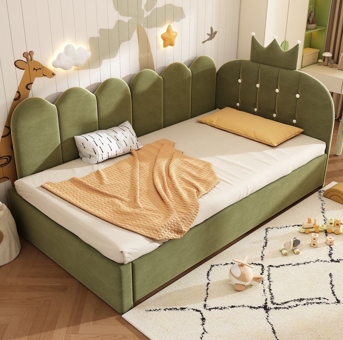 REDOM - Bedbank met uitrolbed - Kroonvormig hoofdeinde - Inclusief bedlade - Met lattenbodem - Kinderkamer en logeerkamer - Stof en metaal - Groen - 203 x 98 x 95 cm
