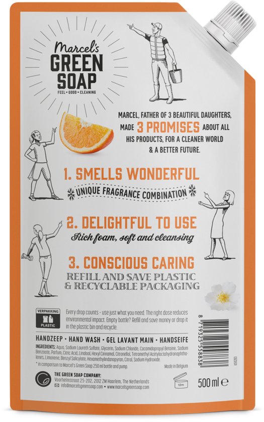 Marcel's Green Soap Handzeep Refill Sinaasappel & Jasmijn 6 x 500ml