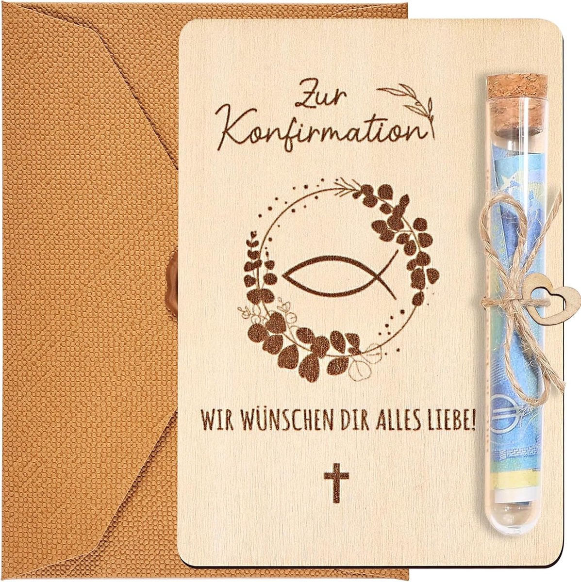 SnelShoppen - Joycabin Confirmatiecadeau Geldgeschenk Houten Verpakking voor Vormsel, Grappige Cadeauset met Reageerbuizen en Henneptouw voor Meisjes