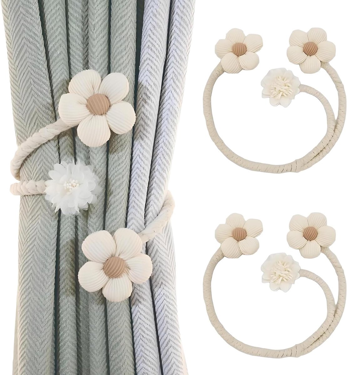 SnelShoppen - 2 Ring Modes Gordijn Ties, Verstelbare Gordijnhouders voor Raamdecoratie, Bohemian Macrame Katoen, Elegant Bloem Motief, Voor Thuis en K