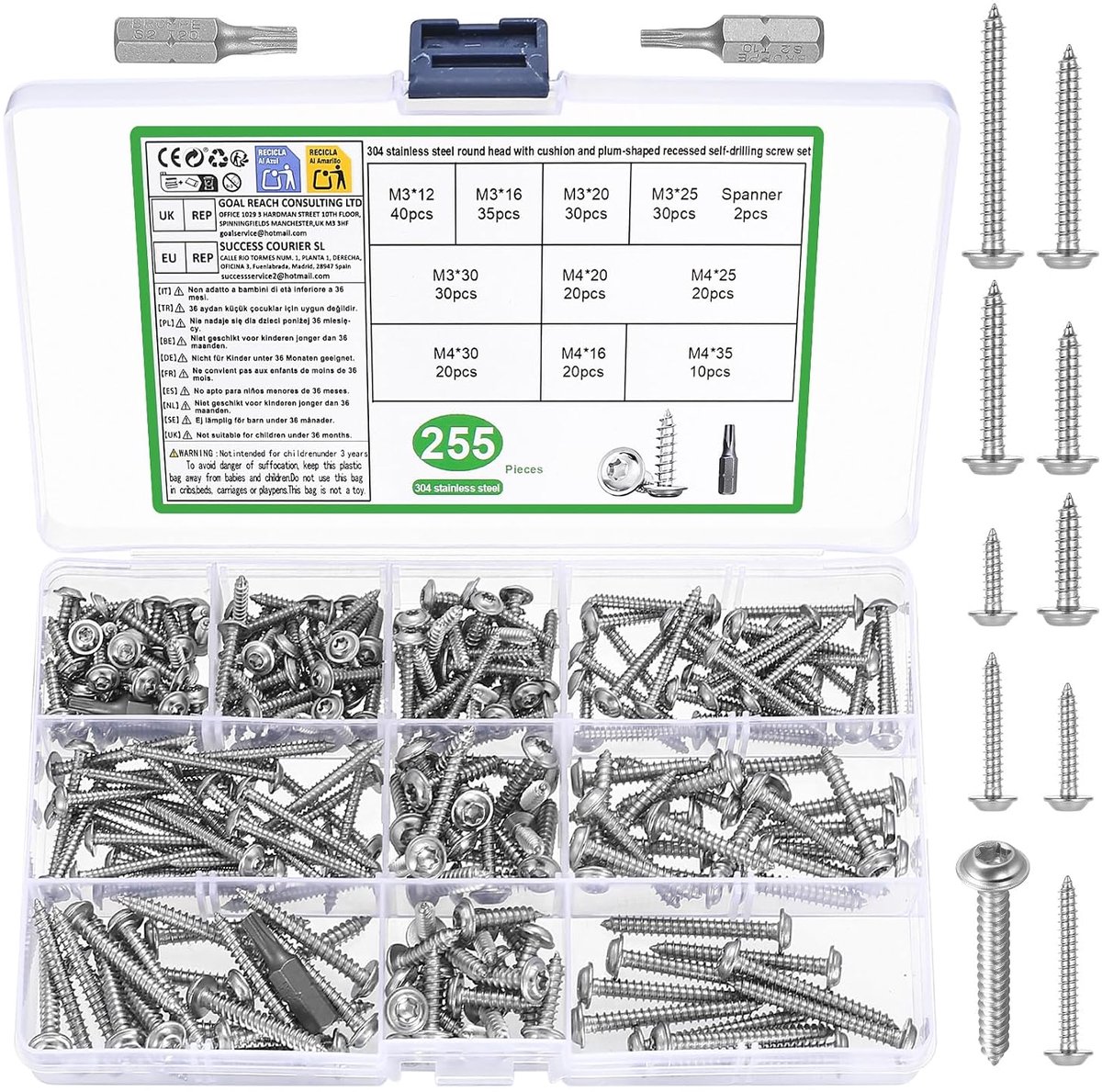 SnelShoppen - Torx Schroeven Set 255 Stuks RVS Houtschroeven, Chipboard Schroeven, Lenskop Schroeven, Plaatschroeven, Zelftappende Schroeven met Schij