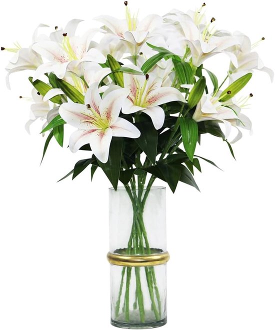 Set van 4 Kunstmatige Lelies van 60 cm, 3D Geprinte Bloemen voor Decoratie, Bruiloften en Thuisgebruik, Inclusief 8 Bloemkoppen en 4 Knoppen