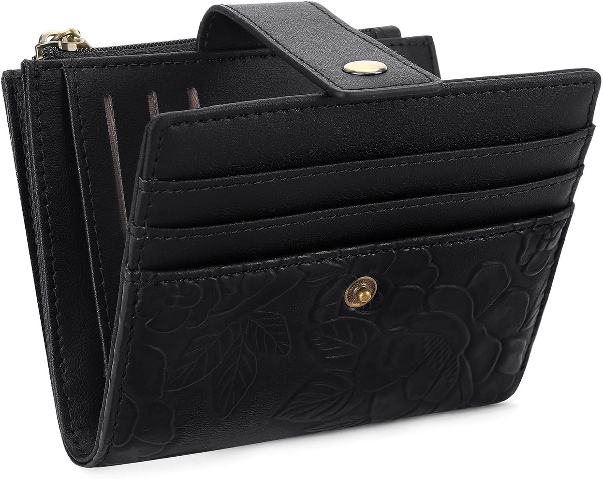 SnelShoppen - Kleine Lederen Portemonnee voor Vrouwen met RFID Blokkering, Bifold Credit Card Houder, Rits Muntzakje, ID Venster, Zwart, Klassiek en S