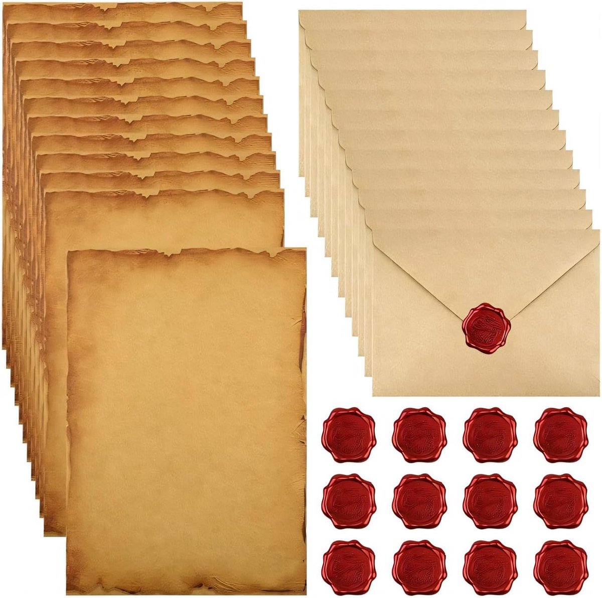 SnelShoppen - 48 Vellen Oud-Fashioned Briefpapier met Vintage Ontwerp, 12 Vintage Enveloppen, 24 A5 Schrijfpapier en 12 Waszegels voor Vintage Uitnodi