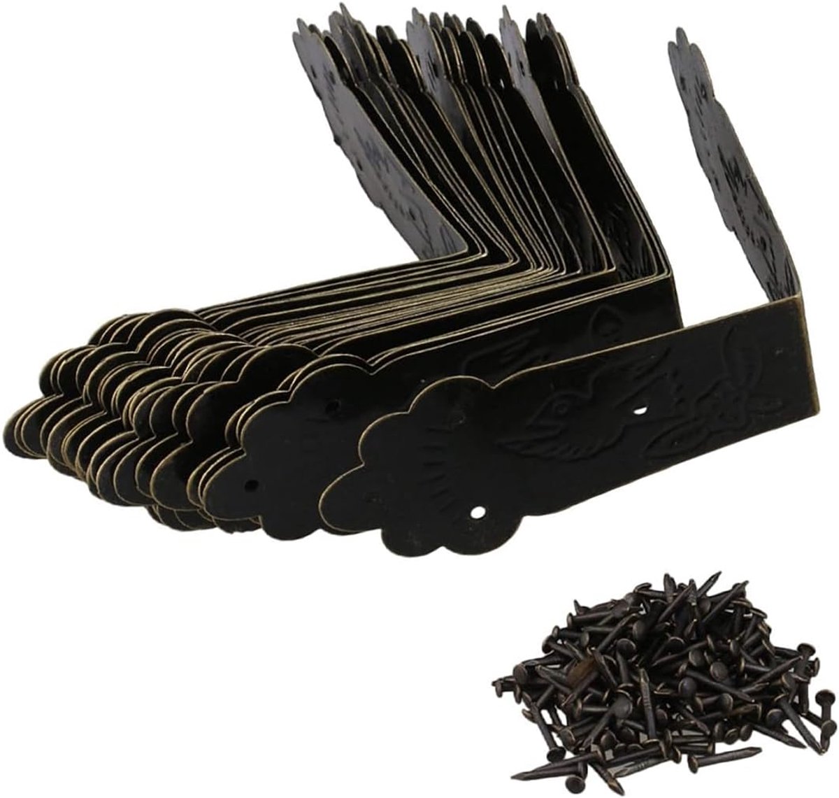 SnelShoppen - Pack van 20 Metaal Hoekbeschermers voor Dozen, Decoratief Brons, Antieke Vintage Houten Hoekbeschermers voor Bureauplanken, Inclusief Sc