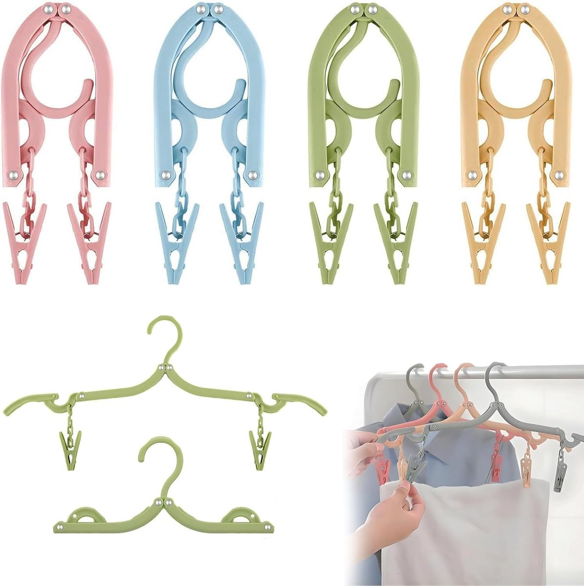 4 stuks kleerhangers, ruimtebesparend, opvouwbaar, met clip, draagbare kleding, antislip reisbeugel, broekhanger - ShopVlot