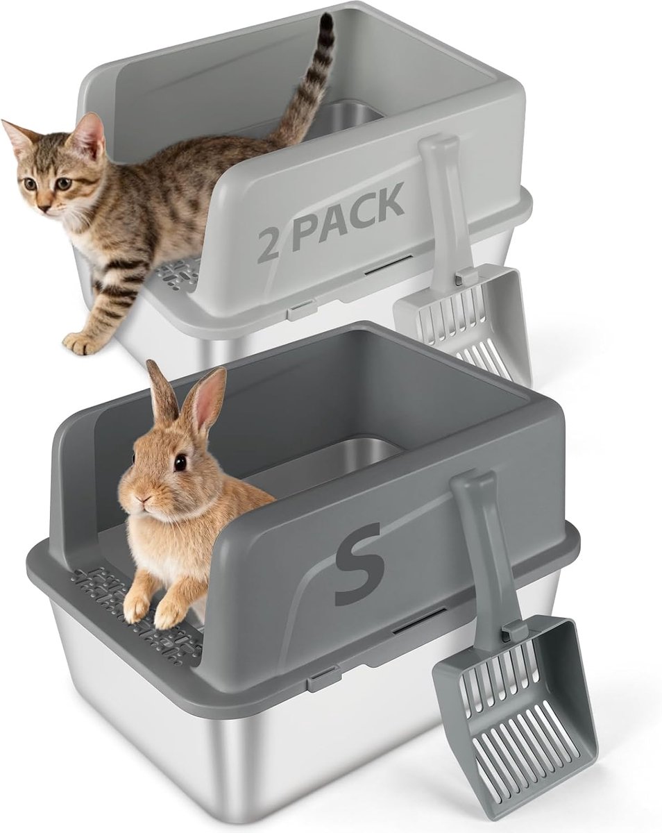 SnelShoppen - 2 Stuks Konijnenbakken, 17.7" x 13.8" x 11.8" RVS Konijnen Toilet Trainer, Dieren Pan Toilet voor Kleine Dieren Kitten Puppy, Konijnen,