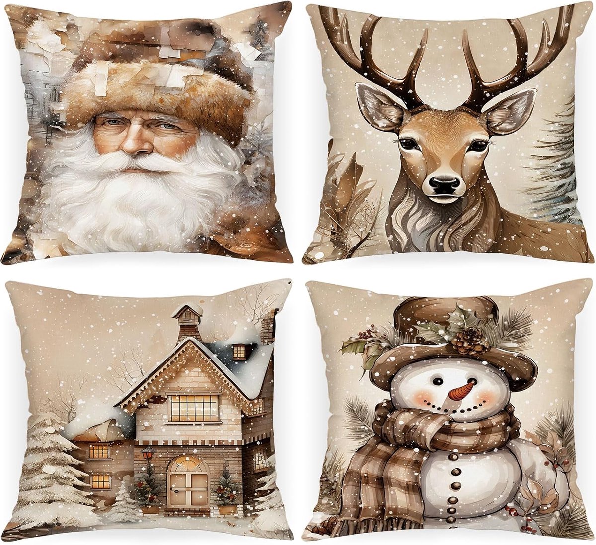 SnelShoppen - Set van 4 Vintage Kerst Kussenhoezen 40x40cm, Luxe Kussenhoezen voor Woonkamer, Slaapkamer, Sofa, Bed, Kindvriendelijk, Dierenvriendelij