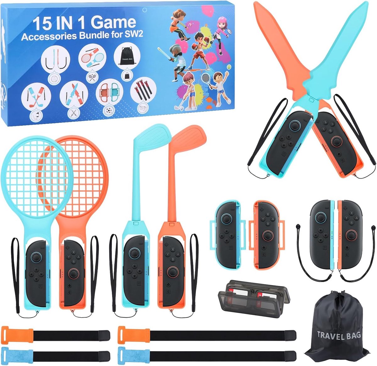 SnelShoppen - 15-in-1 Switch Sport Accessoires Set voor Switch 2 - Familiefeest Kit met Polsbandjes, Beenbanden, Tennisrackets, Golfclubs, Zwaarden, D