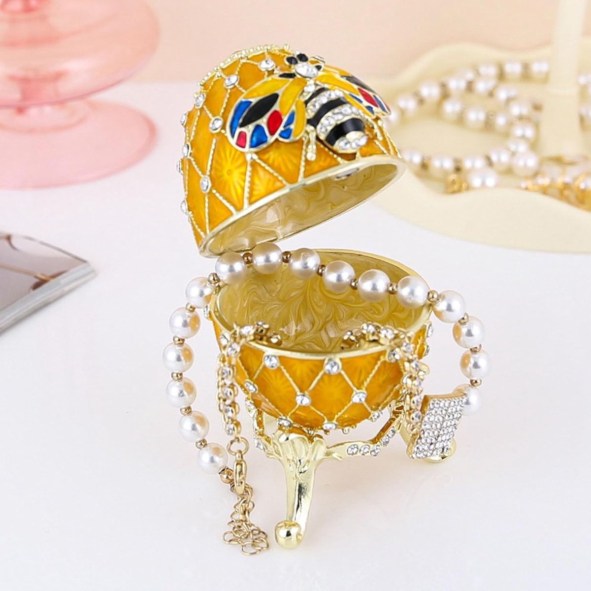 SnelShoppen - Vintage Sieraden Doos Handgeschilderd Paasei Stijl Met Decoratieve Strass Steentjes Emailed Sieraden Doos Voor Ringen En Kettingen