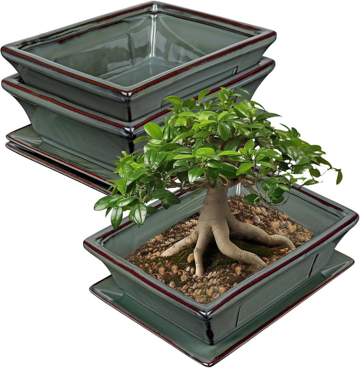 SnelShoppen - Set van 2 Keramische Bonsai Potten met Onderzetter en Drainagegaten voor Japanse Bonsai Kamerplanten - Retro Tuindecoratie Buiten - Diam