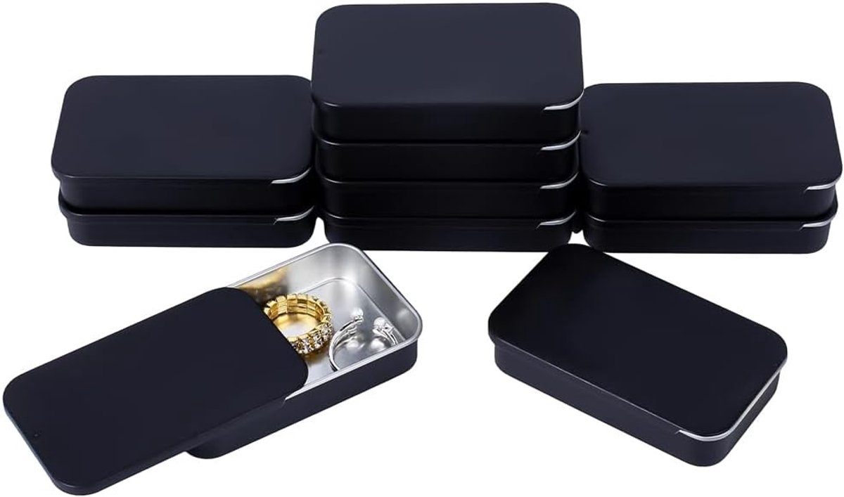 SnelShoppen - 10 Stuks Mini Blikjes Opbergdozen Zwart - Rectangulaire Blikjes met Deksel voor Cadeaus, Koekjes, Potloodhouder, Sleutels, Hobby - Compa