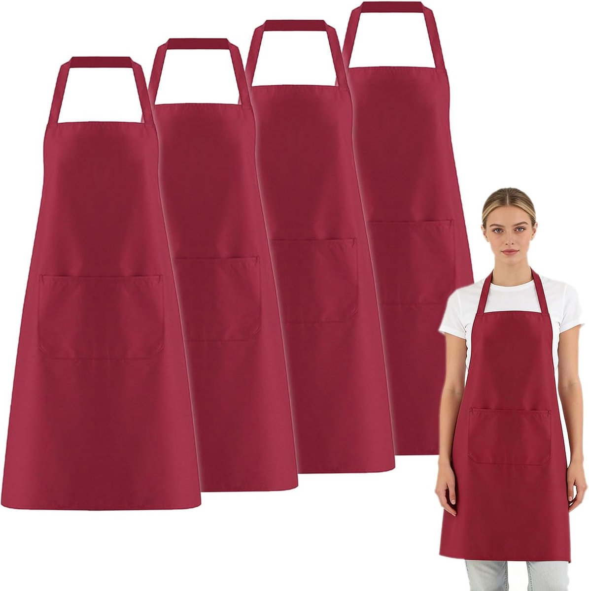 SnelShoppen - 4-Delige Koks Schort Set, Gepersonaliseerd Schort met 2 Zakjes, BBQ Schort voor Mannen en Vrouwen, Voor Keuken, Barbecue, Tuin, Café, Re