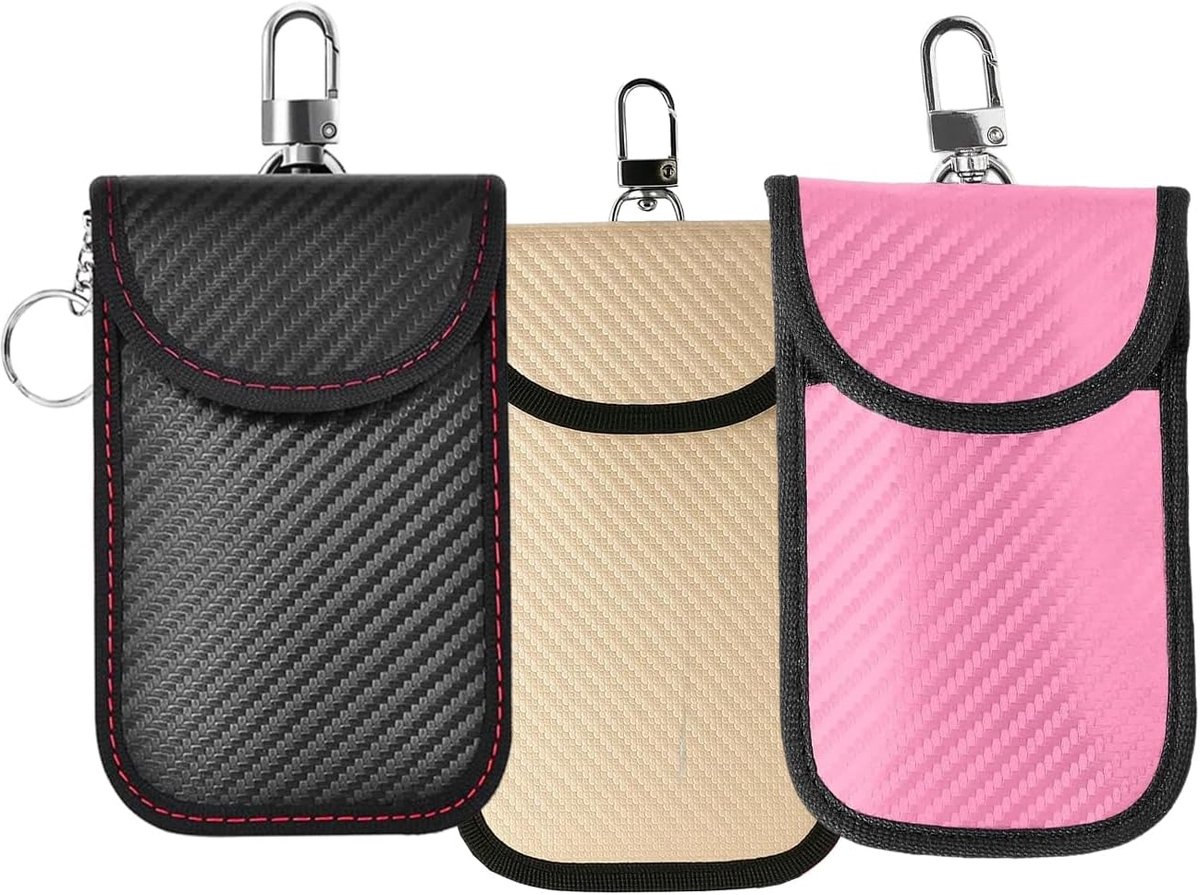 SnelShoppen - Faraday Signaal Blokkerende Sleutelhangers 3 Stuks, Anti-Diefstal, RFID Blokkerend, Auto Veiligheidsbescherming (Roze+Zwart+Geel)