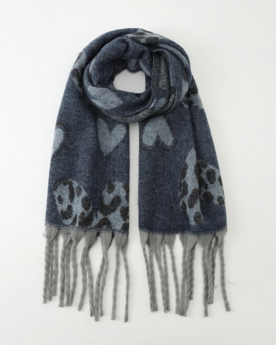 Nouka - Dikke Winter Sjaal - Jeans Blauw - met Harten en Panter print - Herfst Kleuren - Cadeau voor Vrouwen - 45 x 180 cm