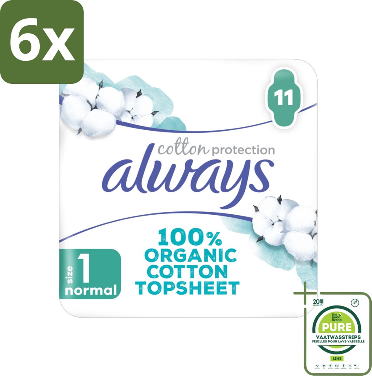 Always – Maandverband – Bio Cotton Protection Ultra Normal met Vleugels – 11 stuks per verpakking - Voordeelverpakking - 6 stuks - Maandverband - Bio katoen