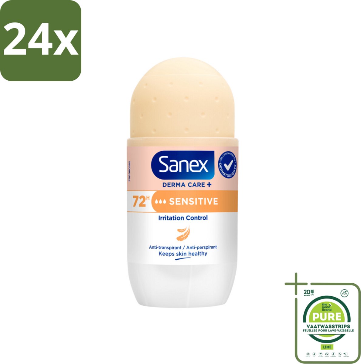 Sanex – Deodorant Roller – Dermo Sensitive – 53 ml - Voordeelverpakking - 24 stuks - Gevoelige huid - Anti-transpirant