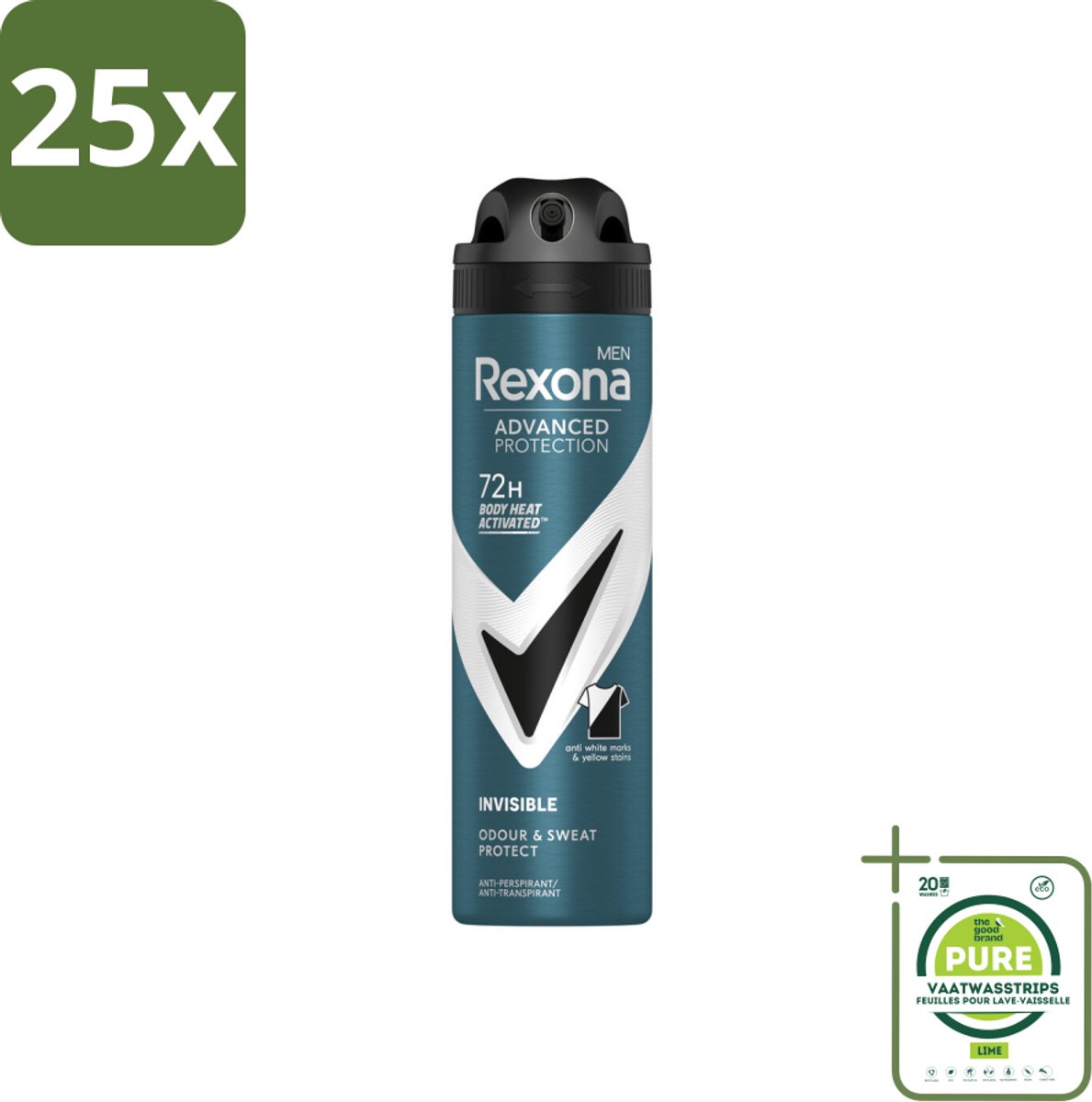 25 x Rexona Men - Deodorant Spray - Advanced Protection Invisible - Langdurige Frisheid - 150 ml - Grootverpakking - Rexona Man - Antitranspirant - Deodorant - 72 Uur Bescherming - Streepvrij