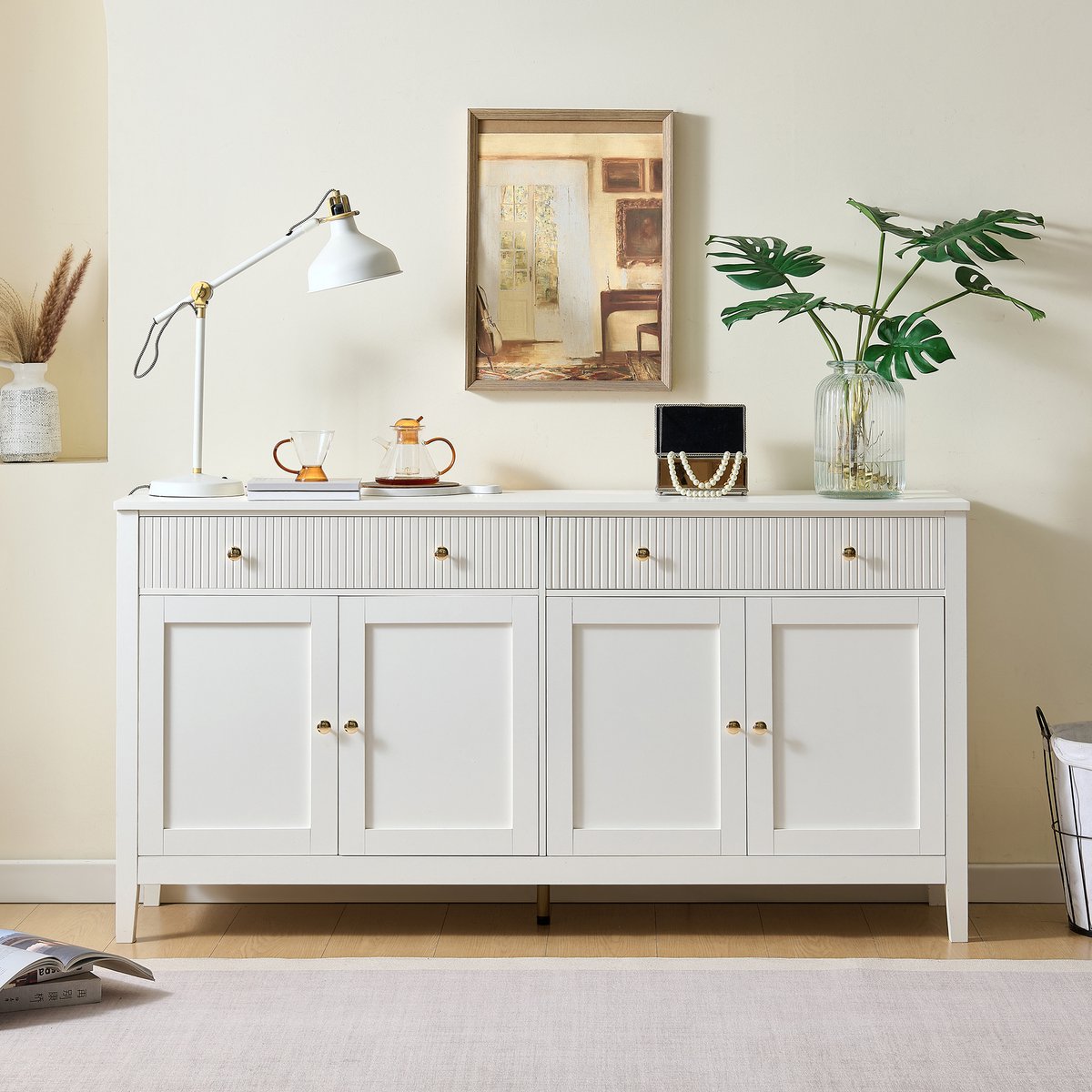 VVBV Dressoir - 160 x 40 x 82 cm, Wit, met 2 Lades en 4 Deuren, Verstelbare Planken, MDF, Veel Opbergruimte