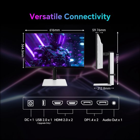 Afmetingen KTC H27T6 monitor: 616mm breed, 59.76mm diep. Aansluitingen: DC, USB, 2x HDMI, 2x DP, Audio Out.