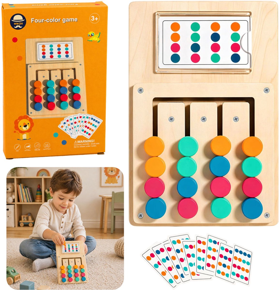 Houten logicaspel, bijpassende puzzelkaarten met patronen, 12 stuks - UNI