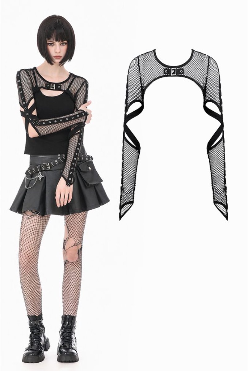 Dark in Love - TechPunk Elastic Mesh Shrug with Metallic Buckle and Lattice Cutout Sleeves Bolero - L - Zwart