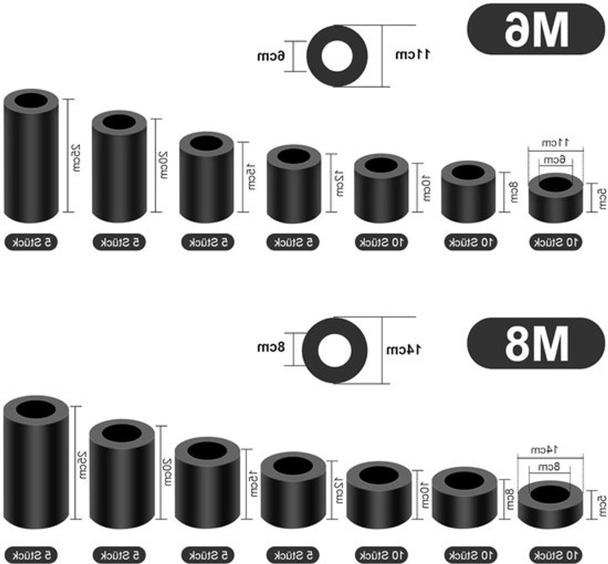 Set van 100 ABS Ruimtescheiders - M6 M8 Spacer Sleeves met Opbergdoos, Kunststof Wasmachines en Zwarte Nylon Standoffs voor Muren en Meubels