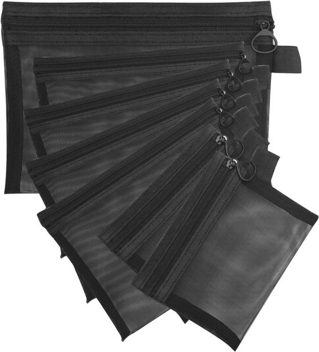 Kleine Make-up Tas Set van 7 Stuks - Nylon Toilettas met Rits, Mesh en Doorzichtige Pouch voor Reizen, Cosmetica en Kantoorbenodigdheden