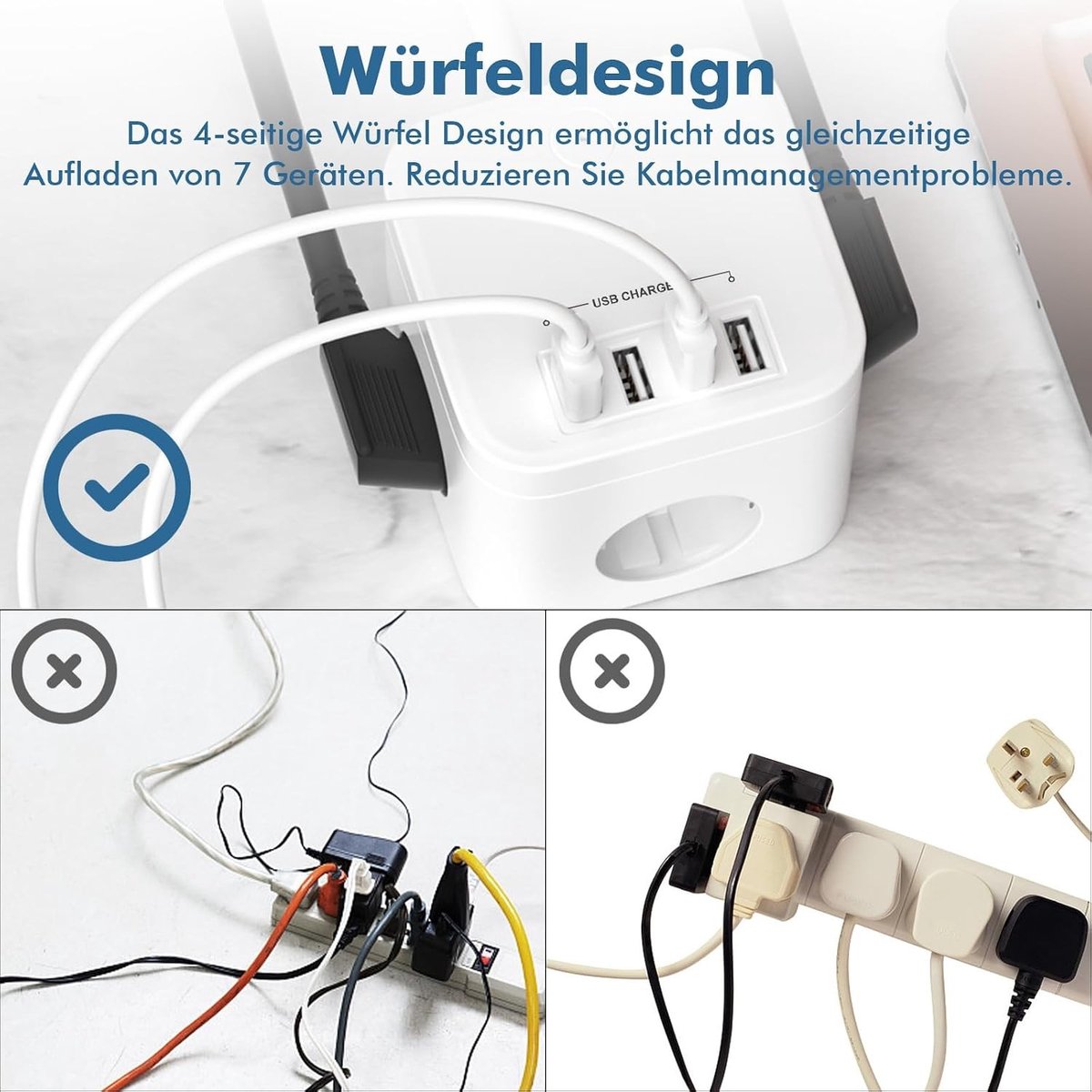 Stekkerdoos met USB - Wit - 3 aansluitingen - Met kabel en USB-poorten - Voor Thuis en Kantoor