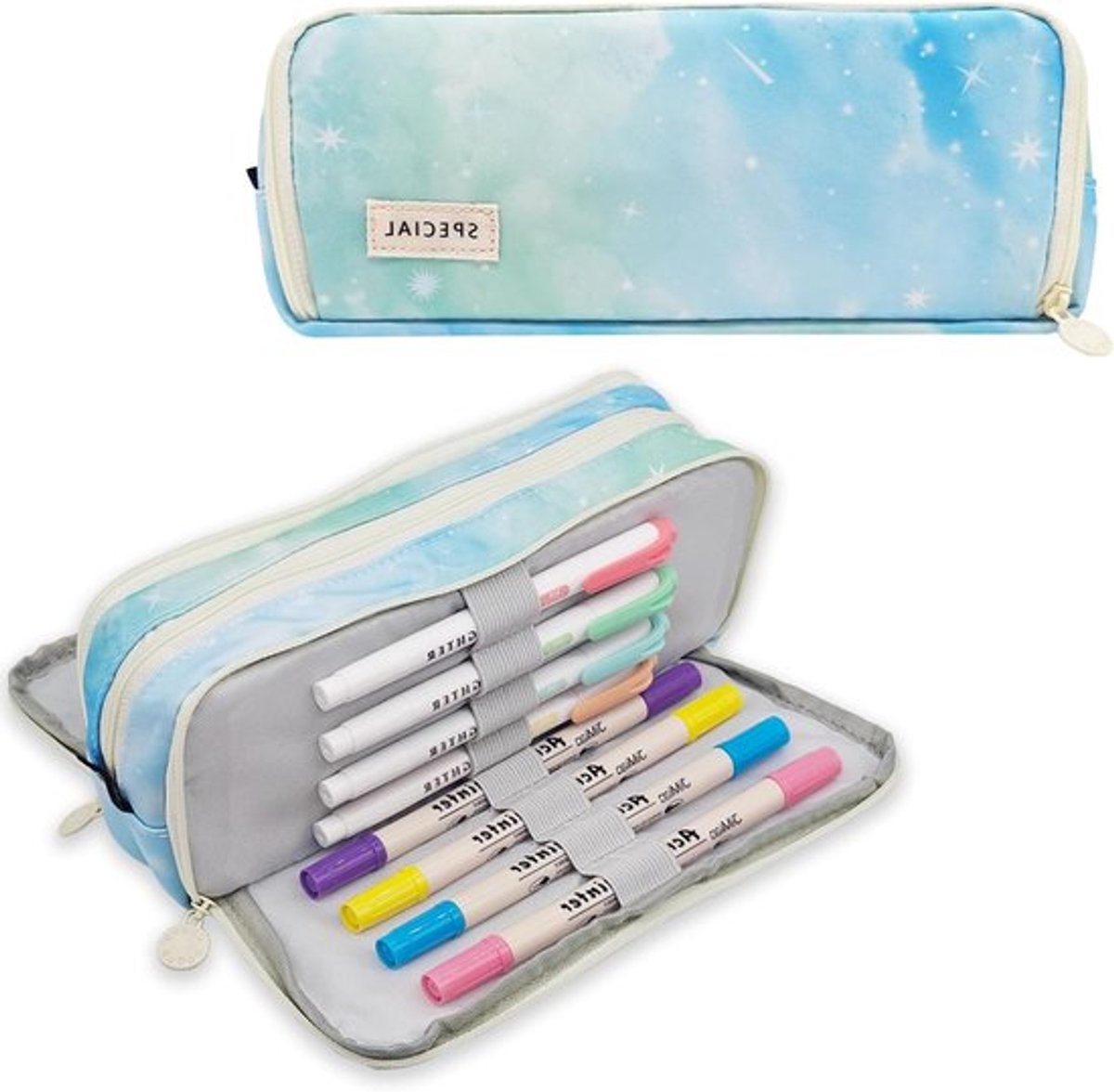 Pennenetui met 3 Compartimenten voor Meisjes, Ideaal voor School en Kantoor, Meteorblauw