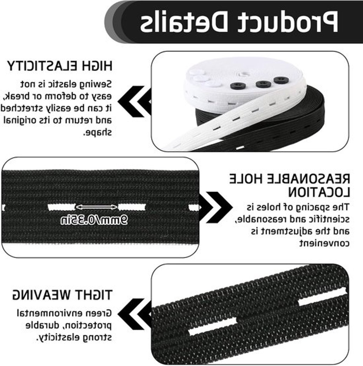Set van Elastische Band met Knopen voor Naaien, Hoge Kwaliteit Elastiek met 20 Harsknopen, 14 m Elastische Band in Wit en Zwart voor het Maken van Kleding en Accessoires (15 mm Breed)