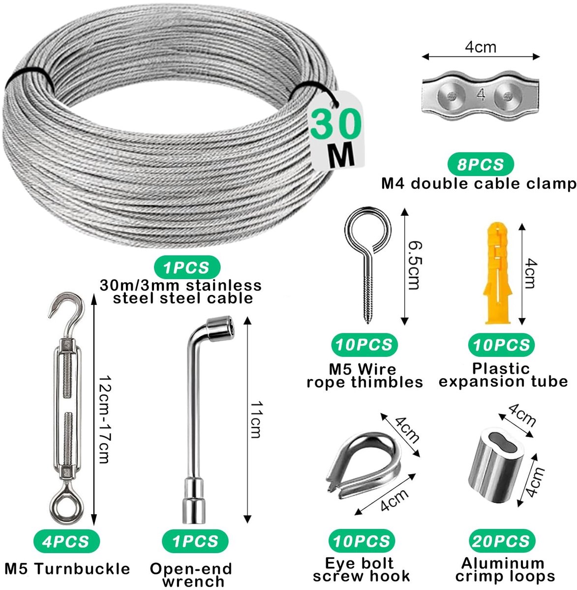 Staalkabelset - Zilver - 30 m - Roestvrij Staal met PVC Coating - Voor Buiten en Binnen
