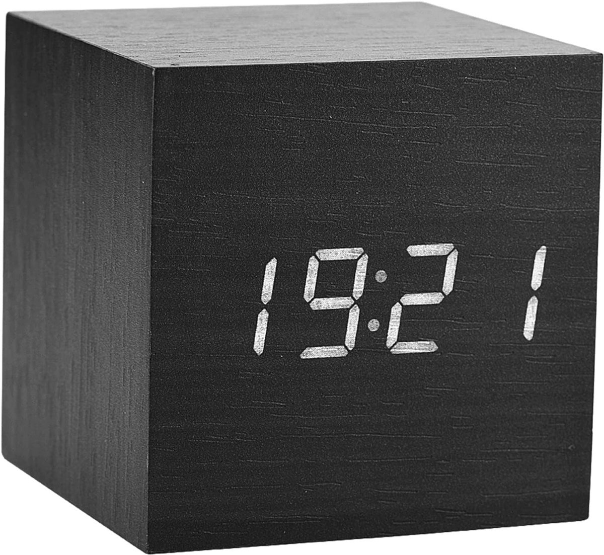 SnelShoppen - 6x6x6cm Houten Digitale Alarmklok met Temperatuur LED Display en Stembesturing - Modern Houten Cube Klok (Zwart Hout + Wit) voor Thuis e