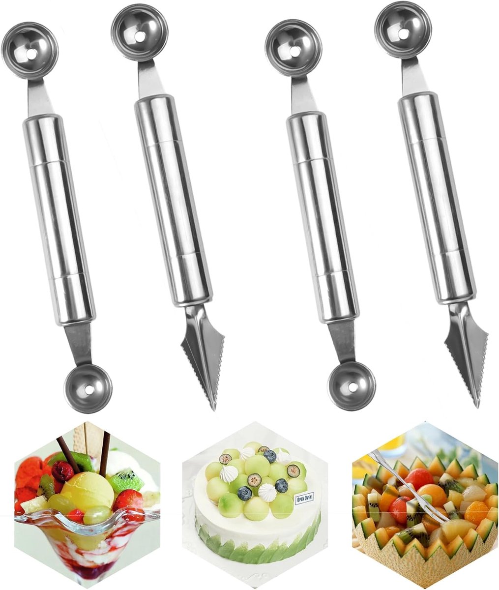 SnelShoppen - 4 Delige RVS Multifunctionele Fruit Snij- en Bolvormige Gereedschap Set | Scherpe metalen messen en bolvormige snijders voor meloenen, a
