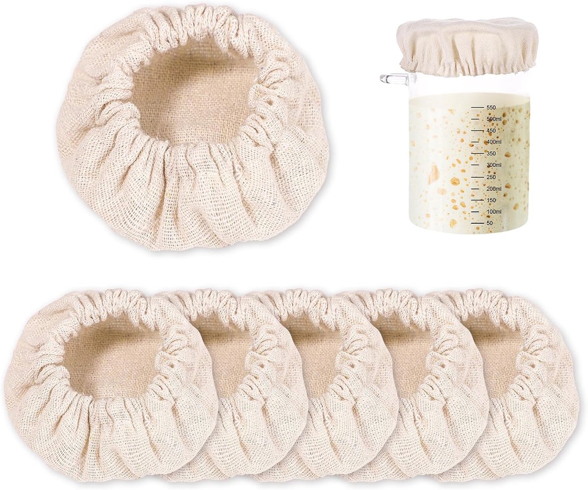 SnelShoppen - 6x Sourdough Starter Pot Deksel - Katoenen Fermentatie Lids - Elastische Potdeksels voor 7.5-10.2cm Potten - Herbruikbare Stoffen Deksel