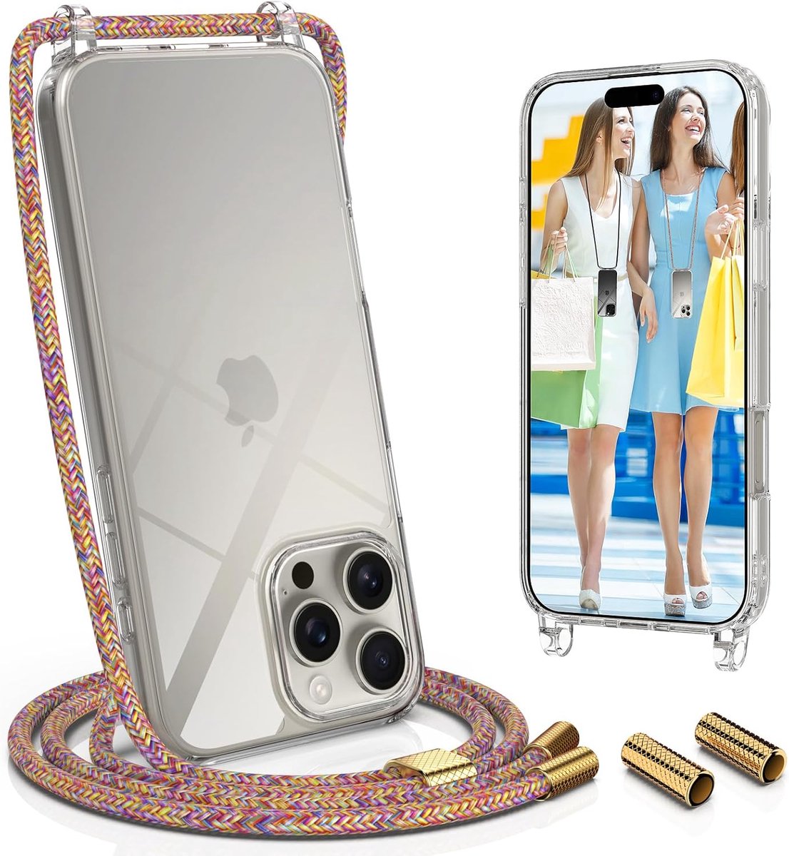 SnelShoppen - Transparante Hoes met Snoer voor iPhone 16 Pro, Halsband Hoes, Verstelbare Schouderband, Regenboogkleur, Bescherming, Duurzaam, Stijlvol