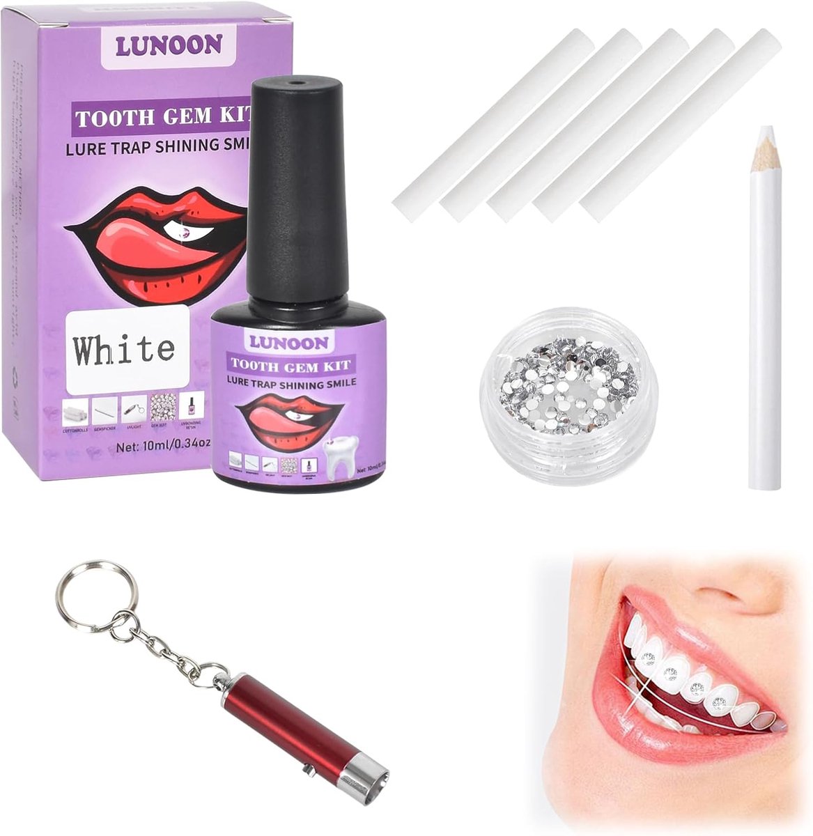 SnelShoppen - Glitter Tanden Set, Dental Sieraden Set met Lijm Kit voor Edelstenen, DIY Kit, Tartar, Glitter Tand Kit voor Vrouwen en Meisjes (Wit)