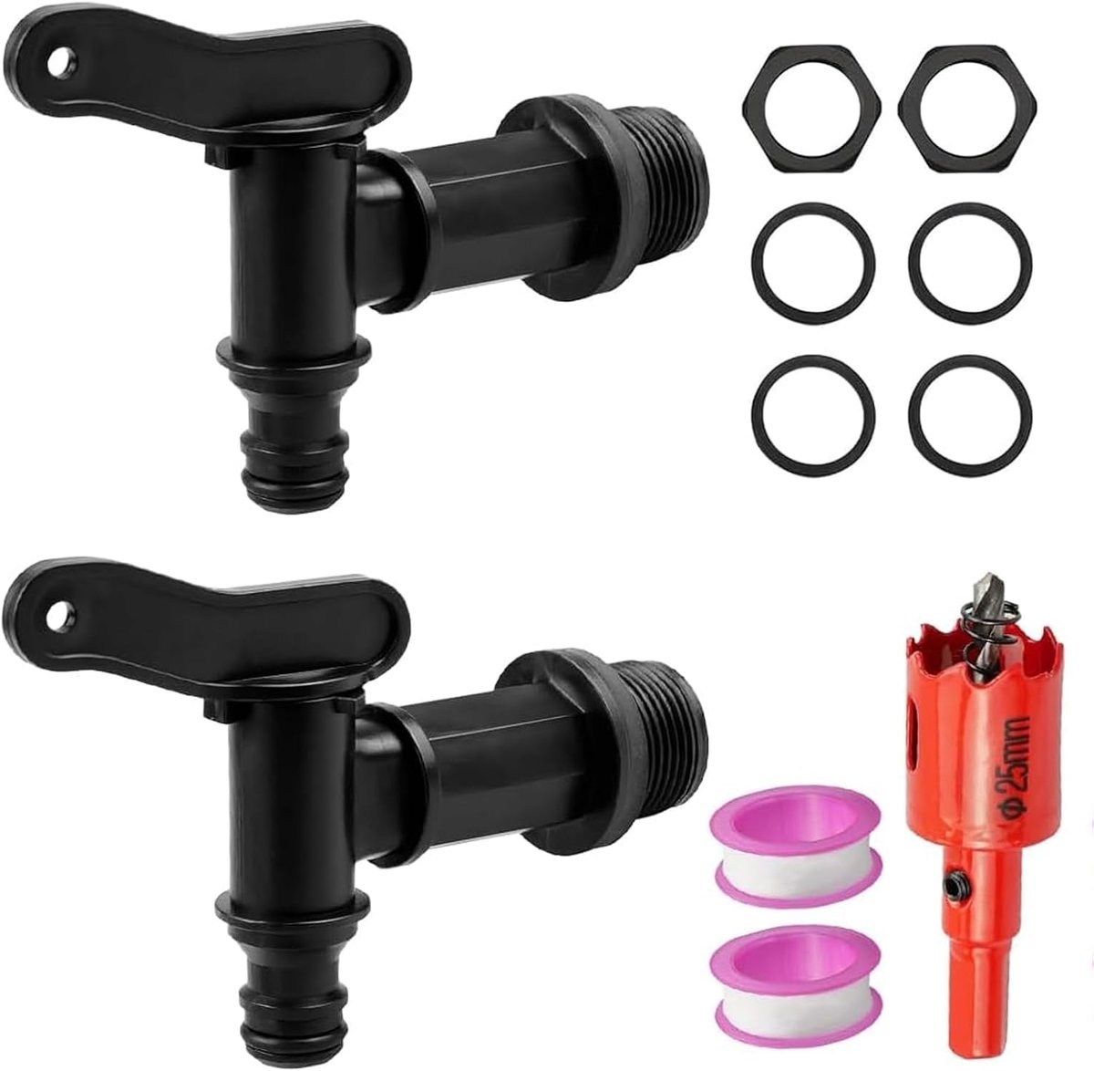 Aftapkraan voor regenton, 2 stuks zwarte kunststof reservekraan, kraanadapter voor regenton 3/4 inch met afdichting en - ShopVlot