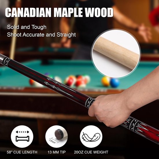 Pool Keu - Biljart Keu - Biljart Spelen - Canadees Esdoorn Hout - 58 Inch - Donkerrood — afbeelding 3