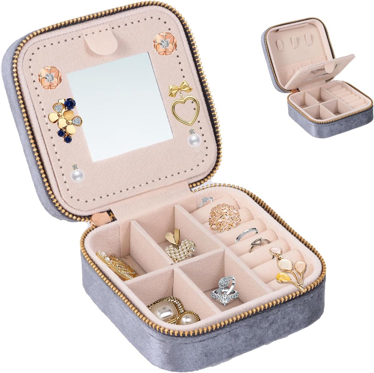 Travel Jewellery Box, Small Jewellery Travel Case, Mirror, Zipper, Jewelry Storage Portable, (Grey) - ShopVlot
