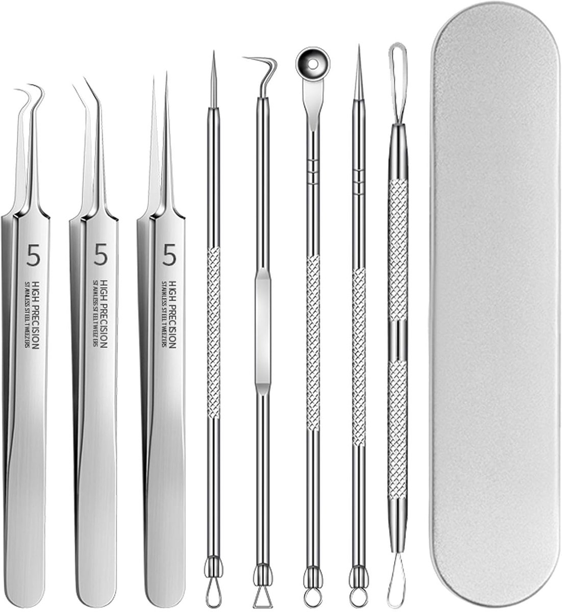 SnelShoppen - 8-delige Blackhead Remover Set - RVS Comedone Extractor en Pincet voor Acne, Puistjes, Witte Stippen, Zwarte Puntjes - Professionele Hui