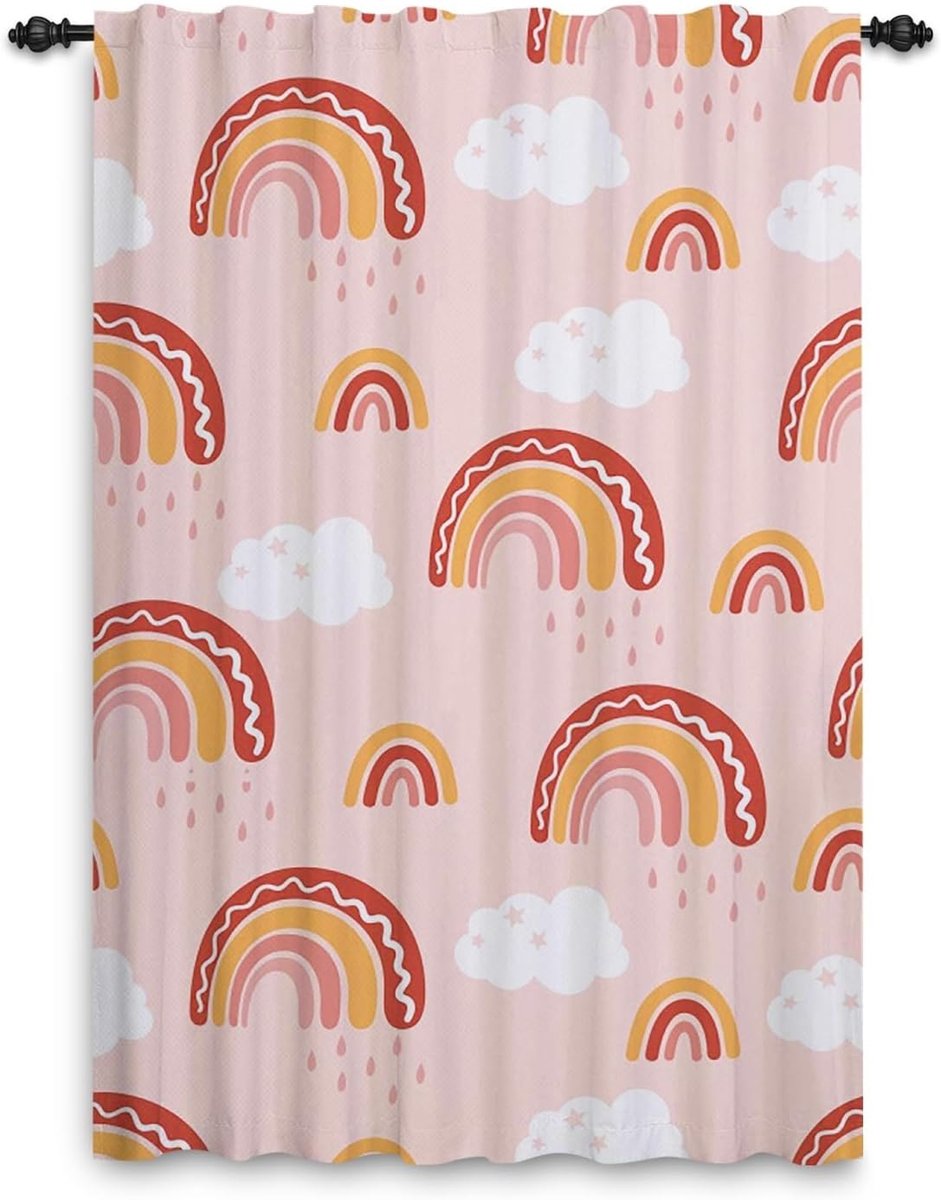 SnelShoppen - Regenboog Gordijnen met Plooien - Cartoon Wolken en Pastel Regenboog Kindergordijnen voor Meisjes - Raamdecoratie voor Kinderkamer, Woon